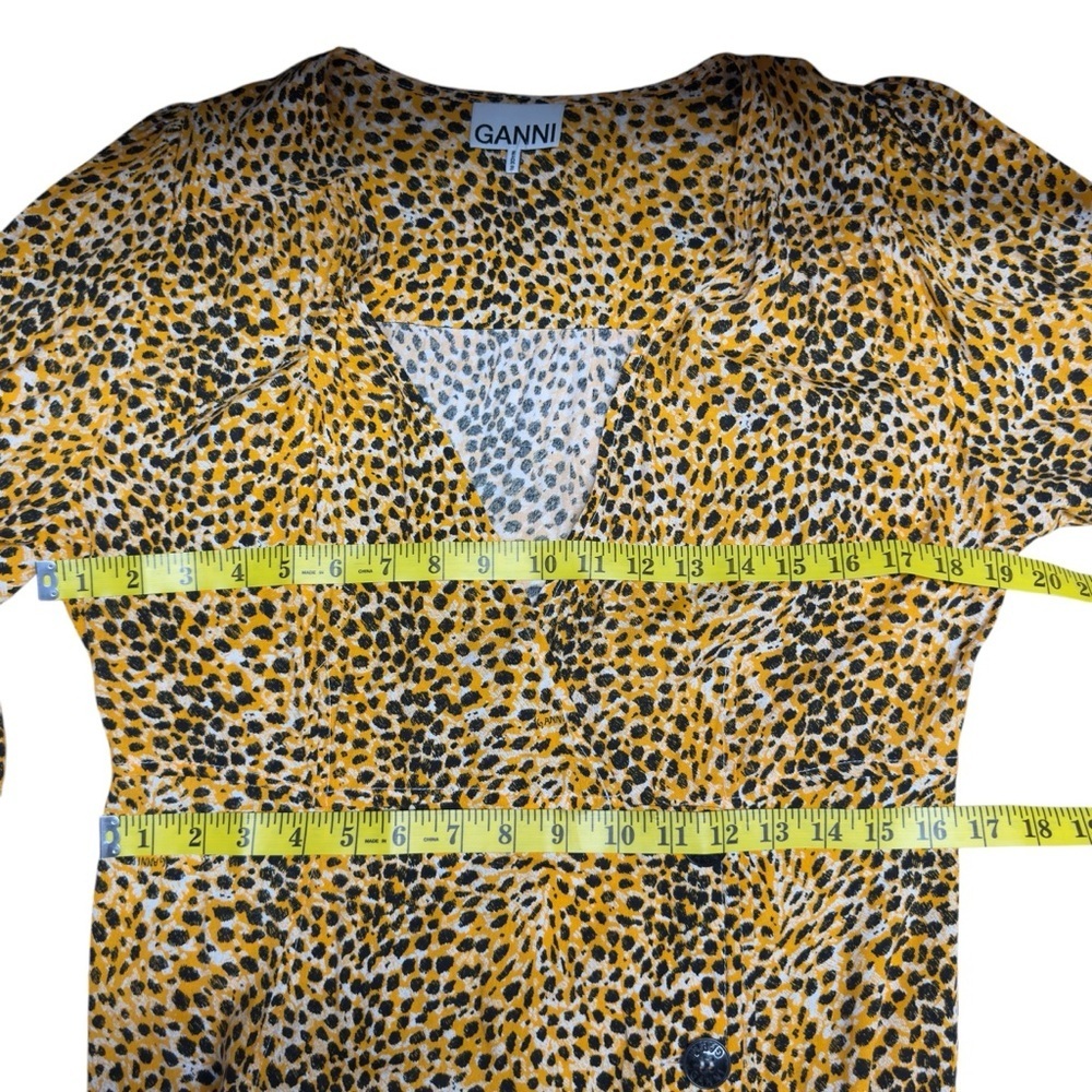 Ganni Wrap-effect Yellow Leopard Print Crepe Buttoned Midi Dress Long Sleeve 42 - Picture 12 of 16